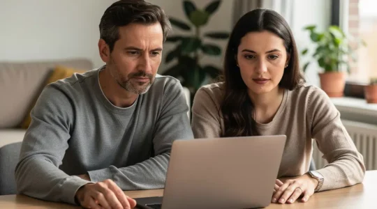 Couple trentenaire consultant un simulateur de prêt immobilier sur ordinateur portable