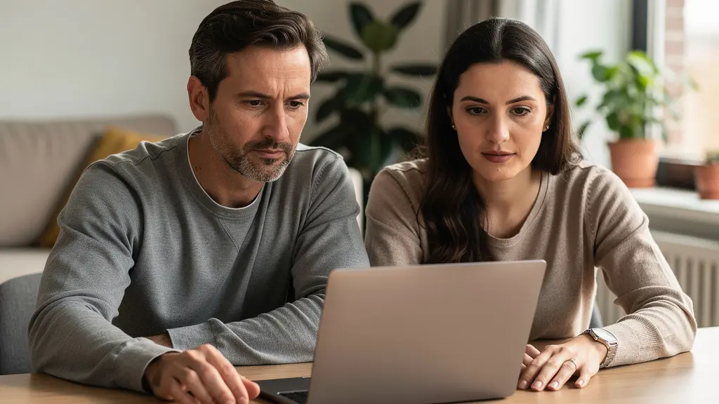 Couple trentenaire consultant un simulateur de prêt immobilier sur ordinateur portable