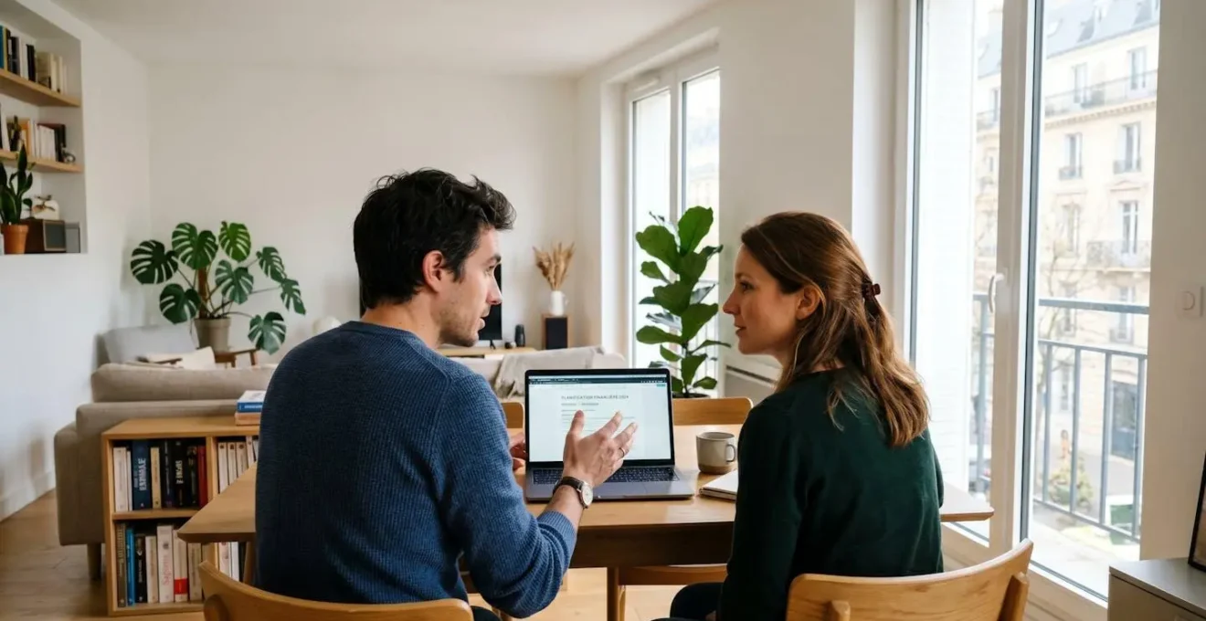 Un couple trentenaire assis côte à côte devant un ordinateur portable dans un salon contemporain lumineux, regard concentré sur l'écran