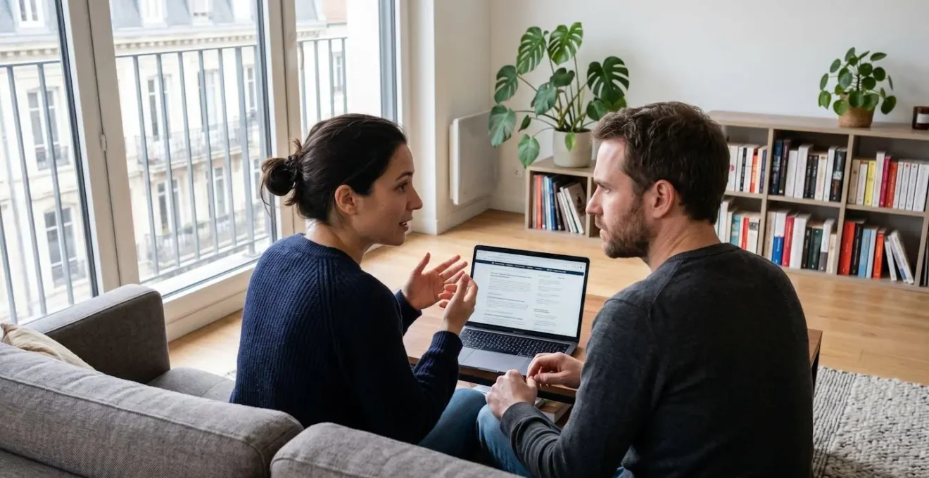 Un couple trentenaire assis côte à côte devant un ordinateur portable dans un salon contemporain lumineux, regard concentré sur l'écran