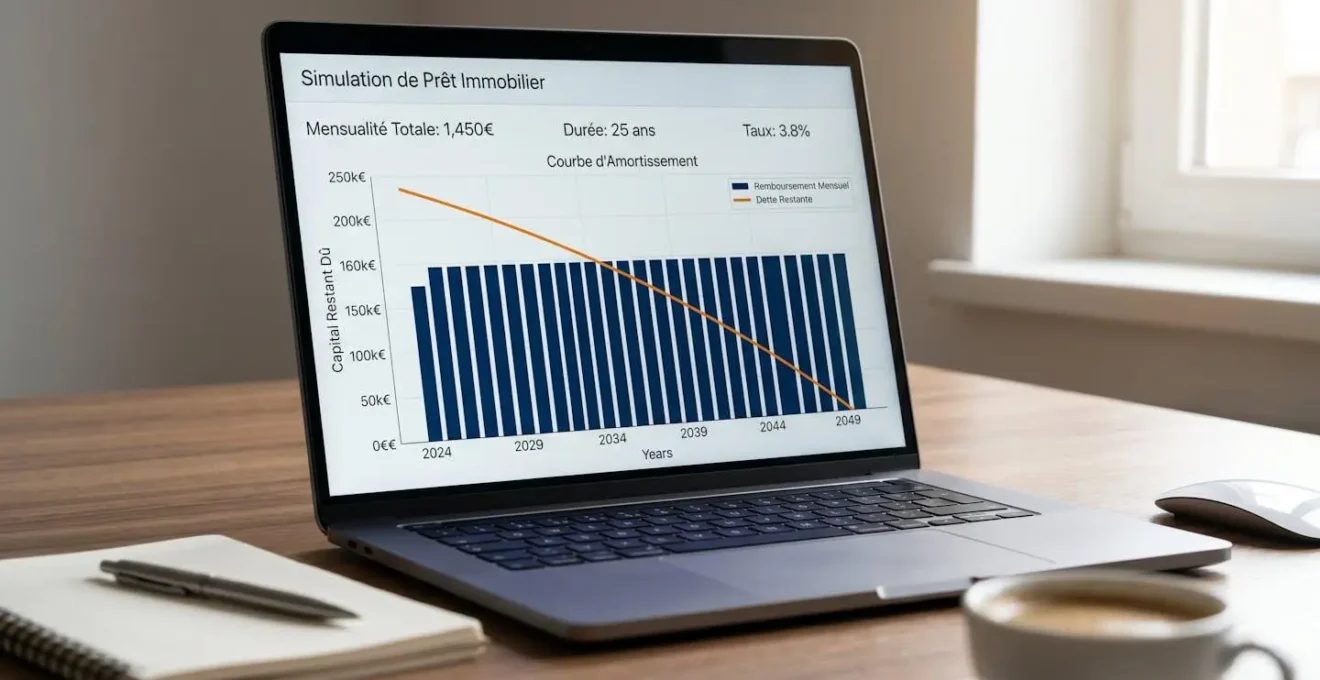 Gros plan sur un écran d'ordinateur affichant un graphique de simulation de prêt avec barres de mensualités et courbe d'amortissement, clavier flou en arrière-plan
