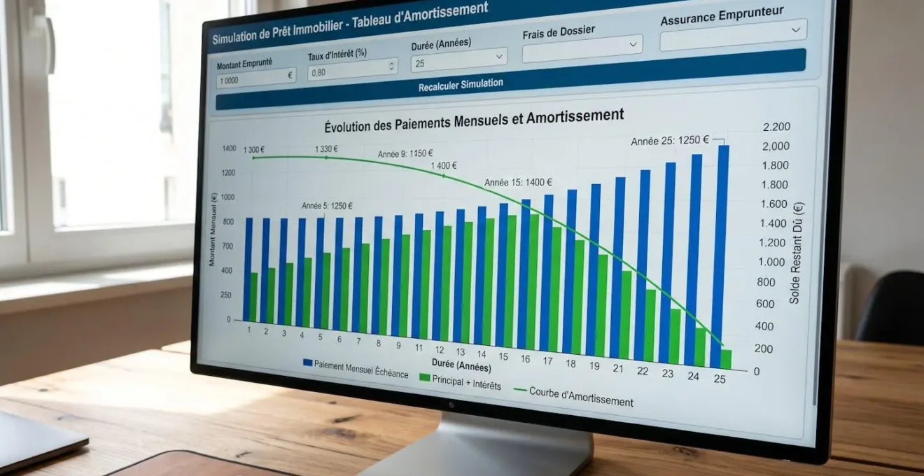Gros plan sur un écran d'ordinateur affichant un graphique de simulation de prêt avec barres de mensualités et courbe d'amortissement, clavier flou en arrière-plan