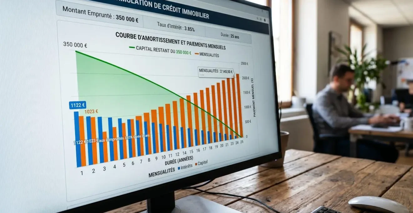 Gros plan sur un écran d'ordinateur affichant un graphique de simulation de prêt avec barres de mensualités et courbe d'amortissement, clavier flou en arrière-plan