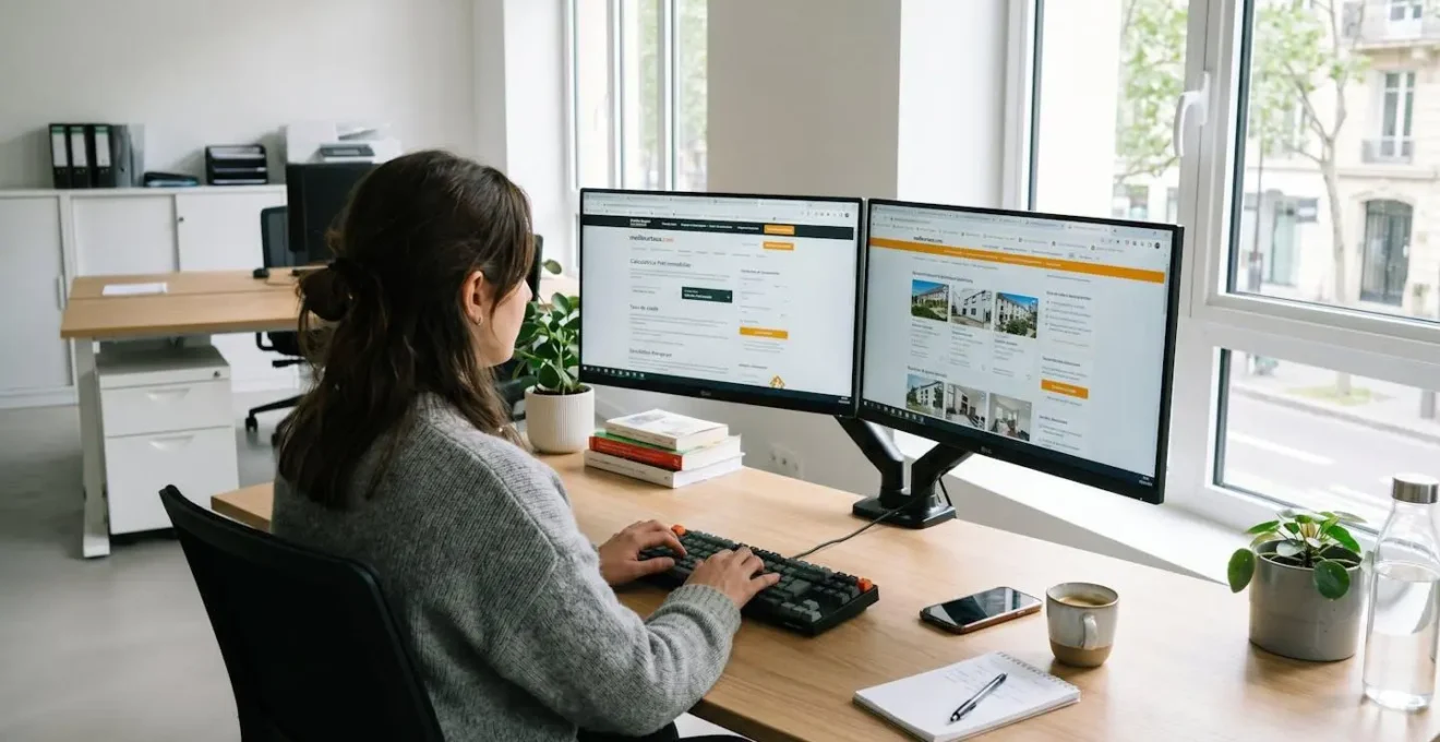 Personne vue de dos travaillant à un bureau moderne avec deux écrans affichant plusieurs onglets de simulateurs de crédit, mains sur le clavier en posture concentrée