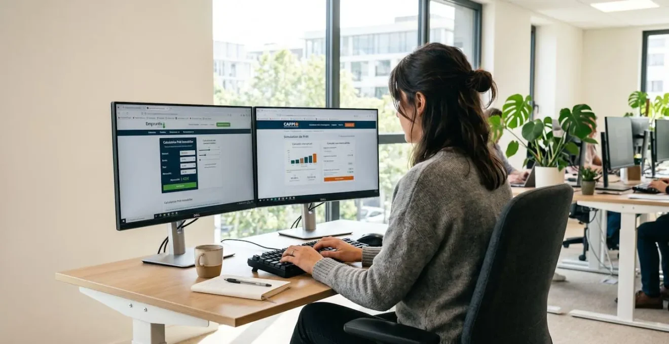 Personne vue de dos travaillant à un bureau moderne avec deux écrans affichant plusieurs onglets de simulateurs de crédit, mains sur le clavier en posture concentrée