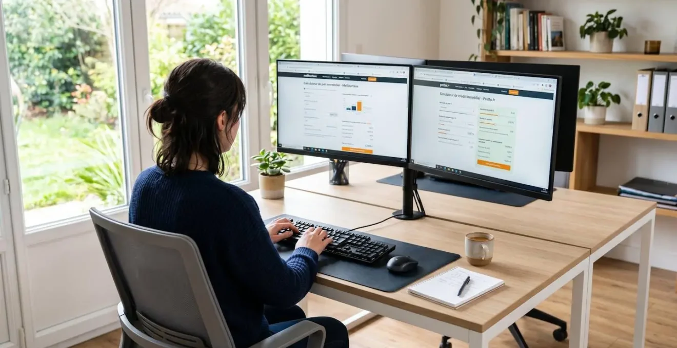 Personne vue de dos travaillant à un bureau moderne avec deux écrans affichant plusieurs onglets de simulateurs de crédit, mains sur le clavier en posture concentrée