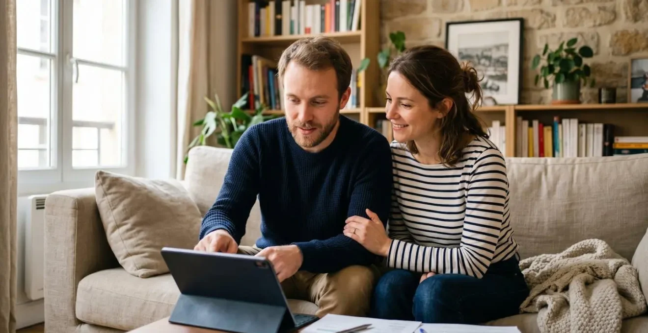 Couple adulte analysant des documents de prêt immobilier sur une tablette dans un salon lumineux