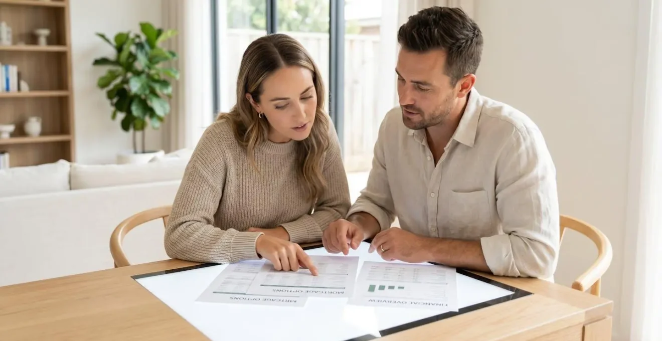 Couple en train d'analyser des documents financiers pour calculer leur budget immobilier