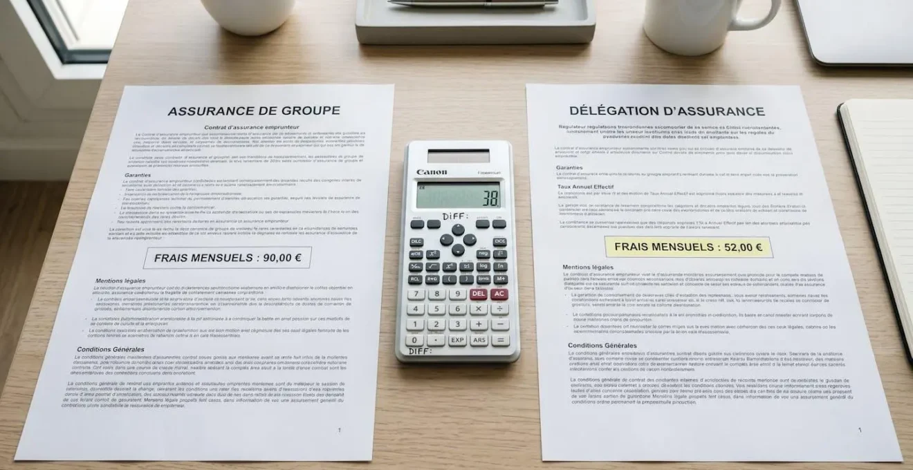 Deux contrats d'assurance emprunteur côte à côte montrant la différence tarifaire entre assurance groupe et délégation d'assurance