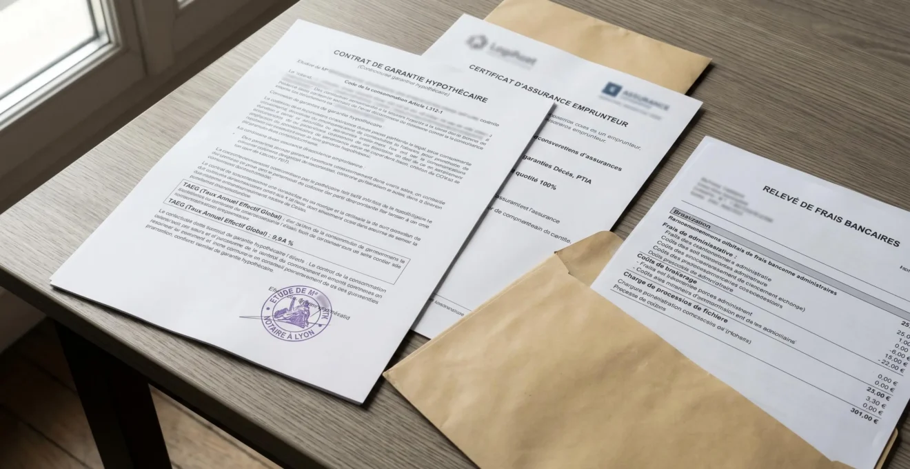 Documents administratifs de crédit immobilier superposés : contrat de garantie, attestation d'assurance emprunteur et bordereau de frais bancaires