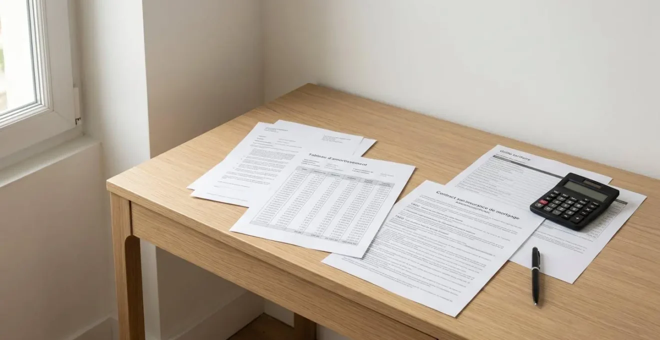 Documents de crédit immobilier étalés sur un bureau avec tableau d'amortissement, contrat d'assurance et calculatrice, lumière naturelle douce