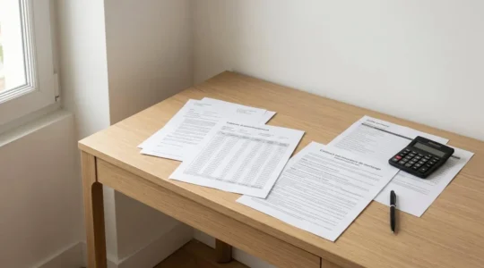 Documents de crédit immobilier étalés sur un bureau avec tableau d'amortissement, contrat d'assurance et calculatrice, lumière naturelle douce