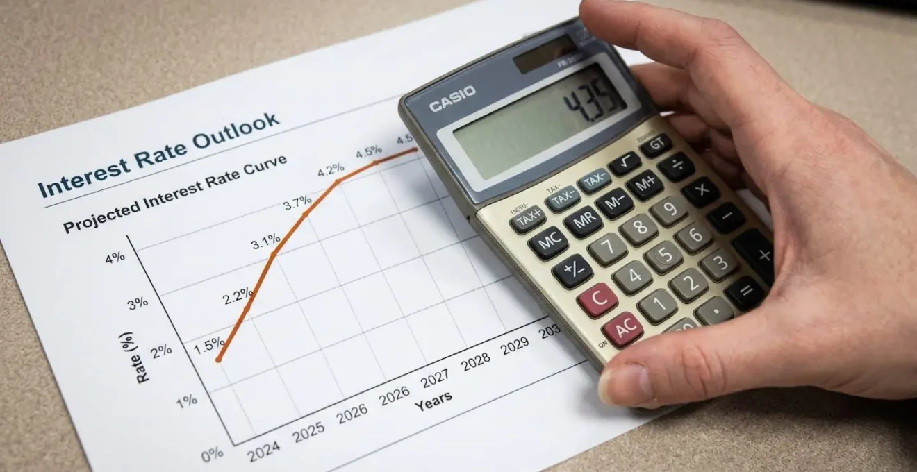 Graphique de taux d'intérêt immobilier avec calculatrice posée sur des documents financiers