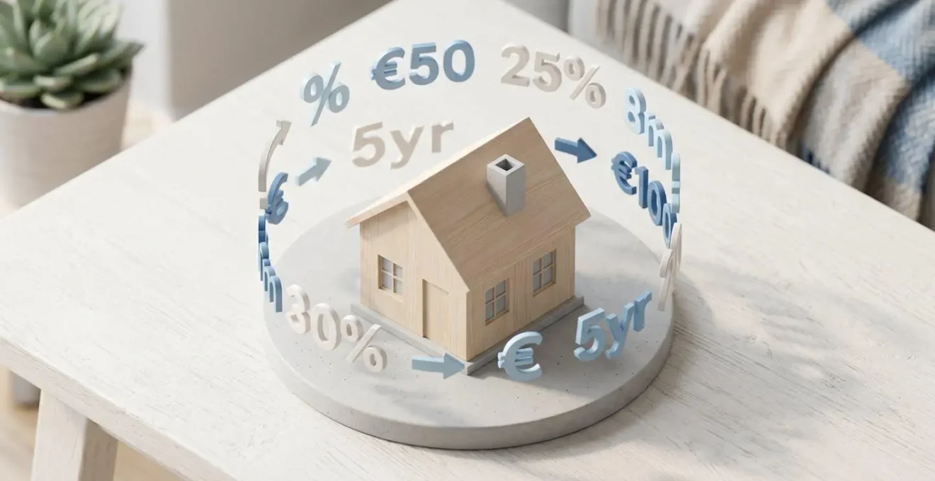 Maquette de maison en bois avec chiffres flottants représentant le budget immobilier