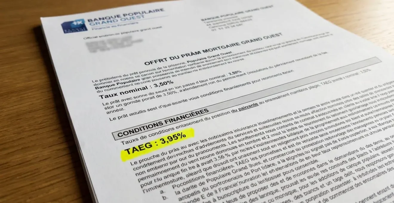 Offre de prêt immobilier avec ligne TAEG surlignée en jaune, montrant l'écart avec le taux nominal mentionné en haut du document