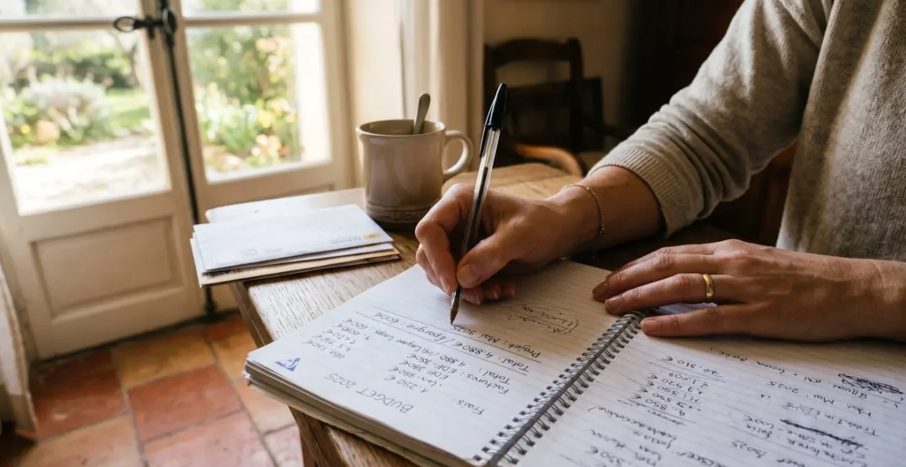 Personne en train d'effectuer des calculs de budget immobilier sur une feuille avec des chiffres visibles