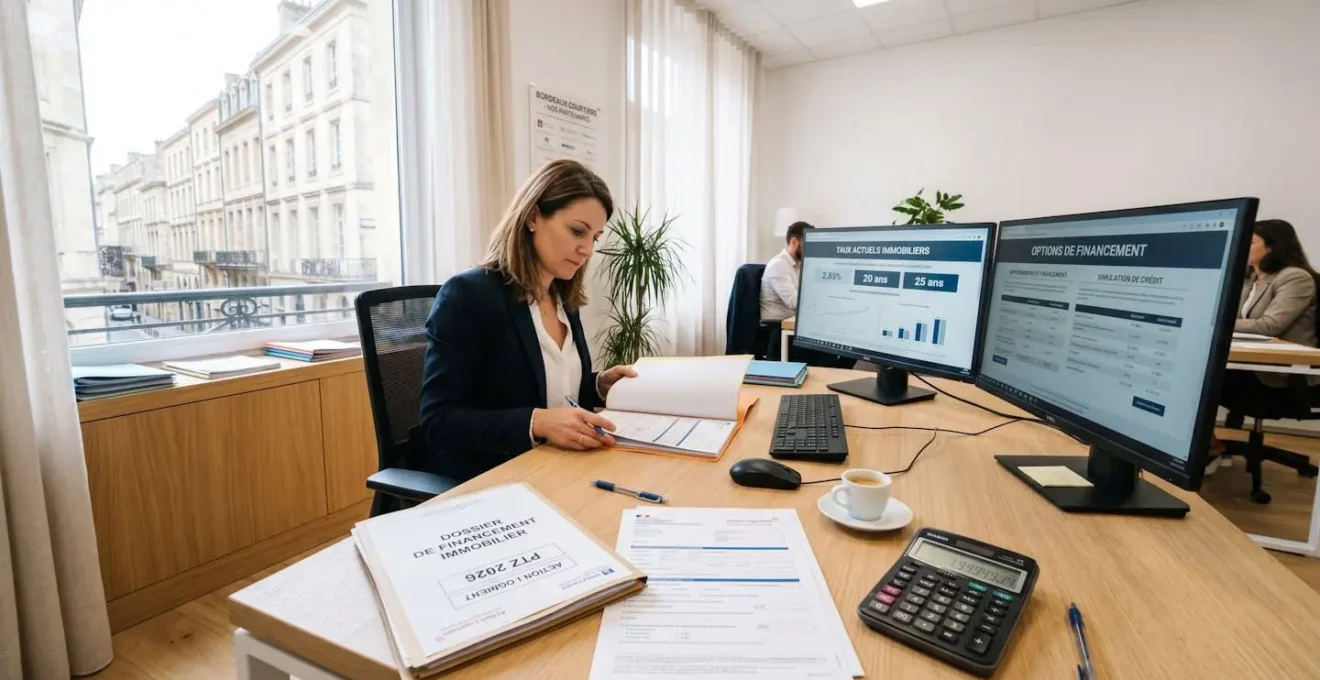 Bureau de courtier immobilier moderne avec documents de prêt PTZ et calculatrice pour financement résidence principale