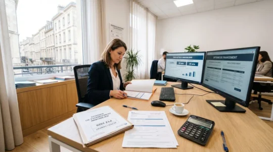 Bureau de courtier immobilier moderne avec documents de prêt PTZ et calculatrice pour financement résidence principale