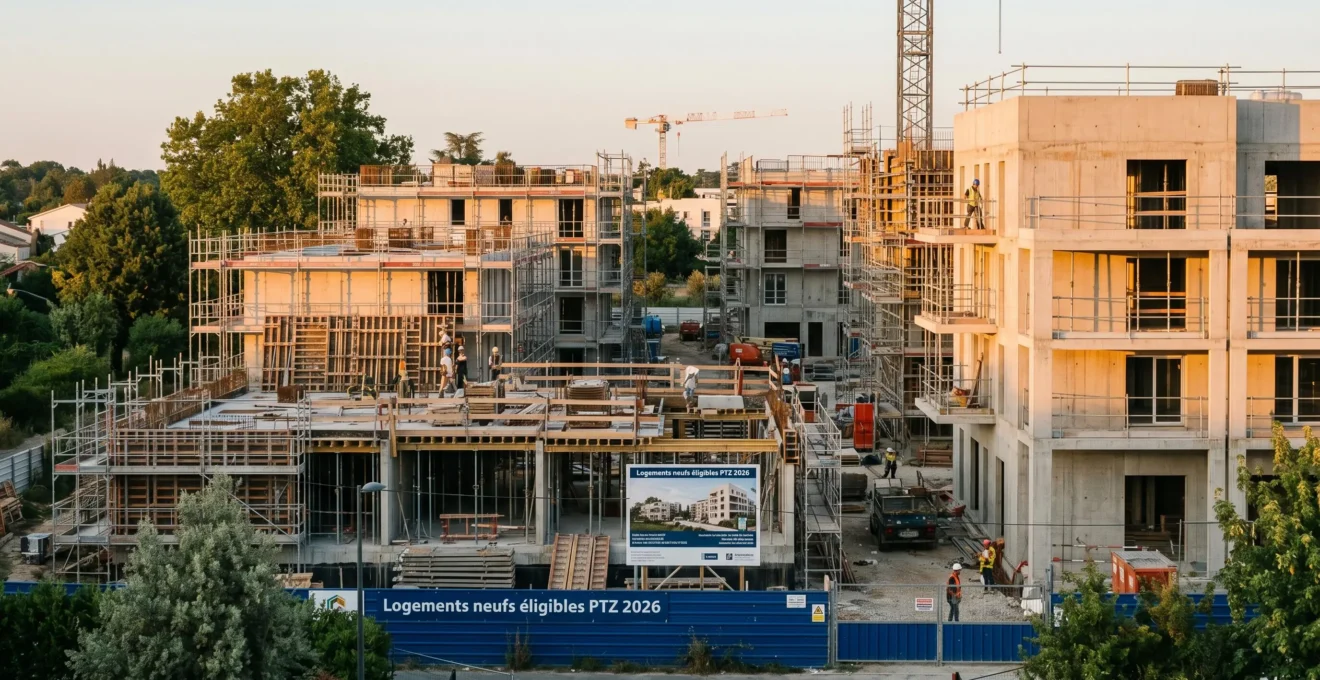 Chantier de construction de logements neufs à Bordeaux avec panneau PTZ 2026 illustrant l'éligibilité élargie
