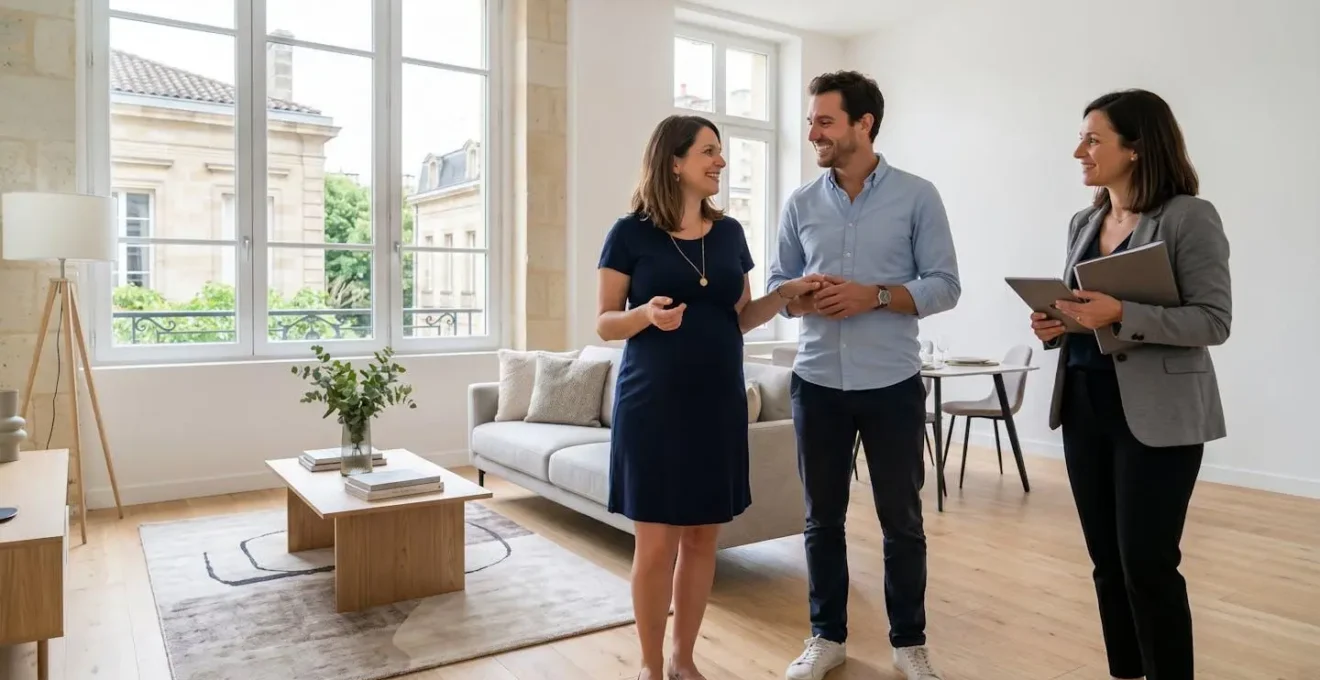 Couple de primo-accédants visitant un appartement contemporain lumineux avec une agent immobilière, projet d'achat résidence principale