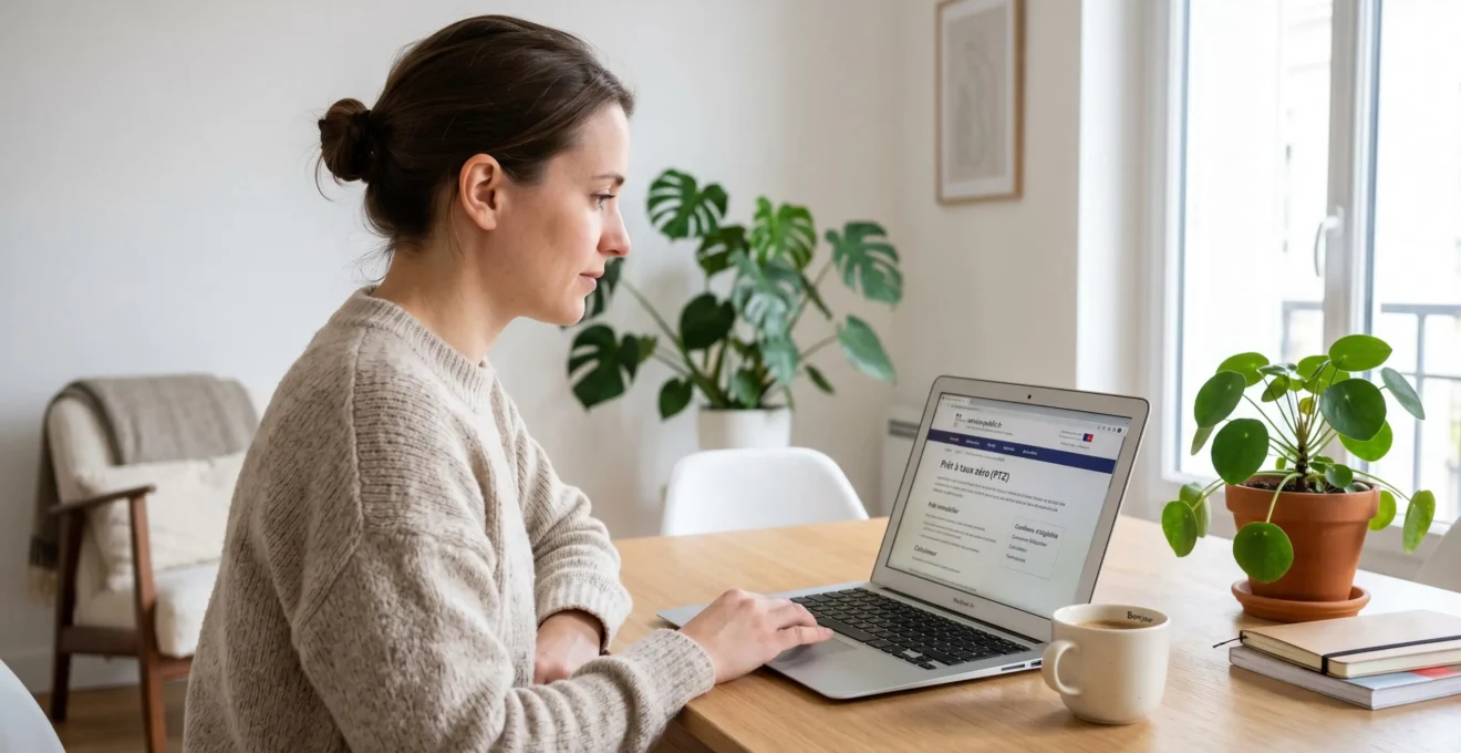 Jeune femme consultant la page officielle service-public.fr sur le Prêt à Taux Zéro (PTZ) sur ordinateur portable dans un intérieur contemporain
