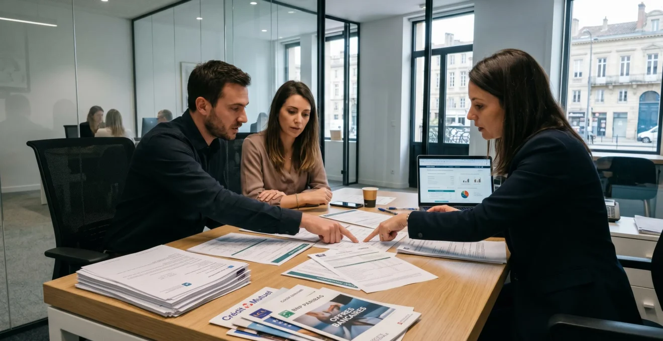 Réunion de travail entre courtier immobilier et clients pour négociation et montage du dossier de prêt